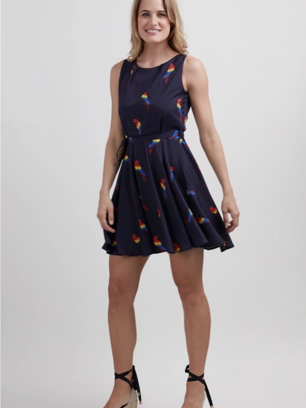 sm wardrobe sleeveless Navy Mini Dress with Colorful Parrot Print size M
